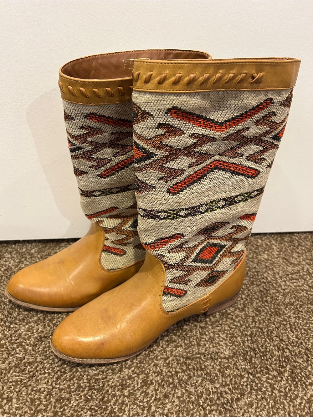 Women’s Southwestern Aztec Pattern Tan Leather Mid-Calf Boots by Wanted Size 10